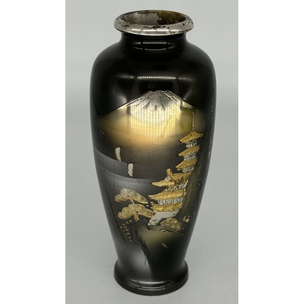 Vintage Japanese Etched Gilt & Silver Patina‎ Metal Vase Pagoda Mountain Valley